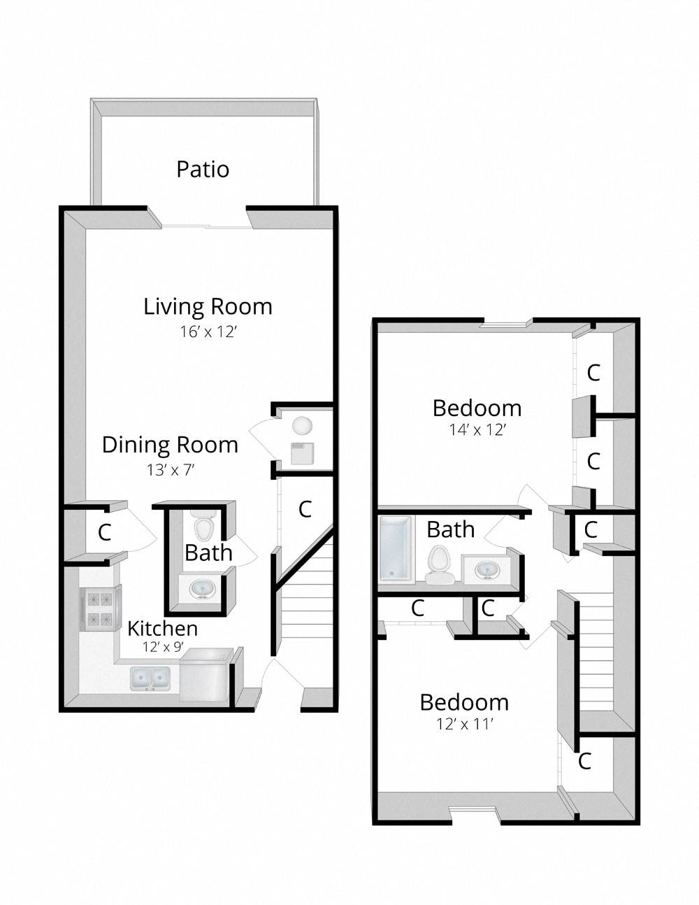 Floor plan for 2 beds, 1.5 baths, 1000 sqft
