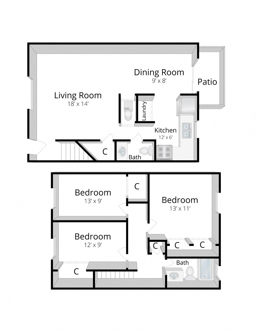 Floor plan for 3 beds, 1.5 baths, 1092 sqft