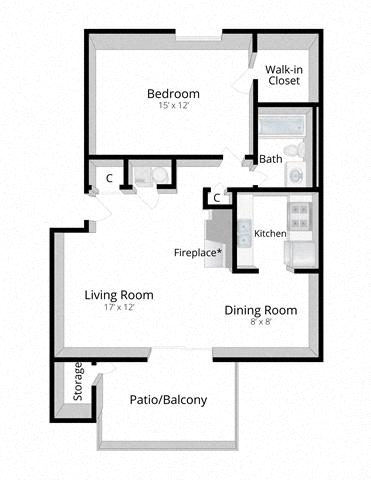Floor plan for 1 bed, 1 bath, 700 sqft