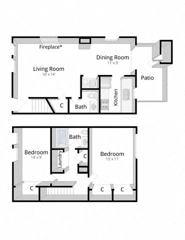 Floor plan for 2 beds, 1.5 baths, 1000 sqft