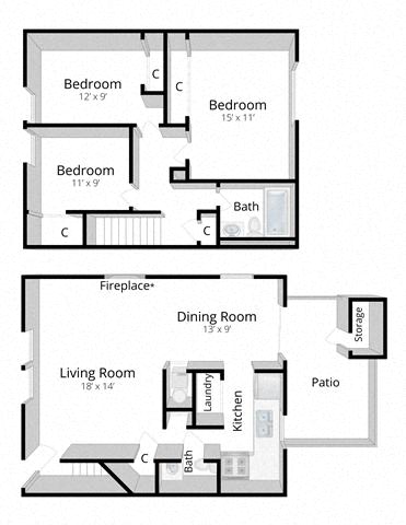 Floor plan for 3 beds, 1.5 baths, 1200 sqft