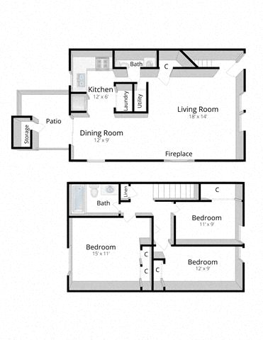 Floor plan for 3 beds, 1.5 baths, 1250 sqft