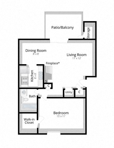 Floor plan for 1 bed, 1 bath, 700 sqft