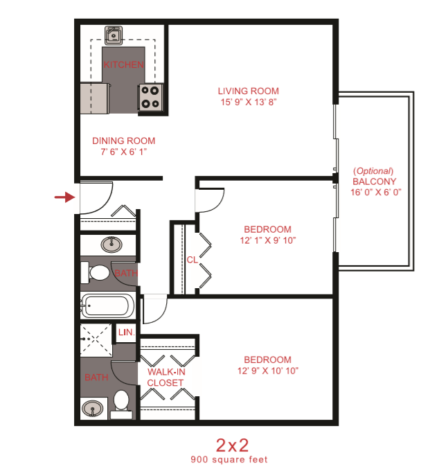 Floor plan for 2 beds, 2 baths, 900 sqft