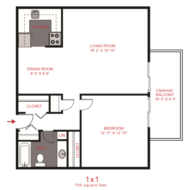 Floor plan for 1 bed, 1 bath, 700 sqft