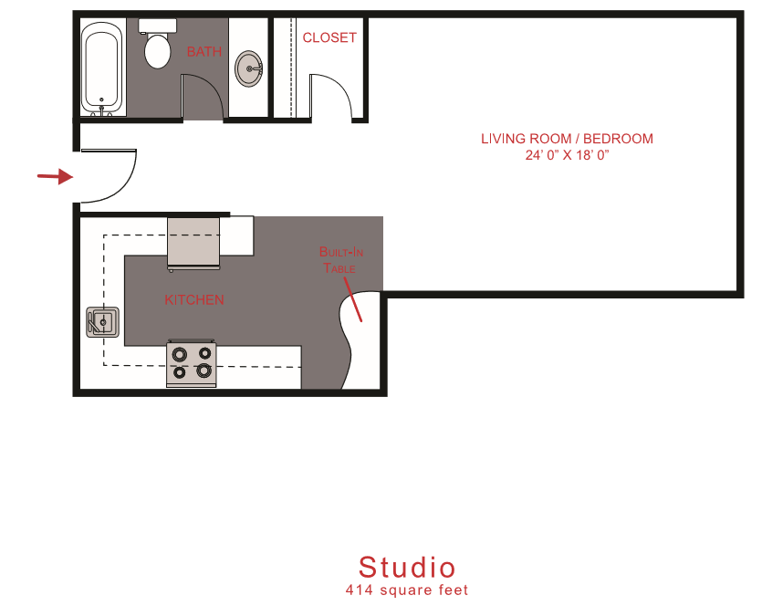 Floor plan for studio, 1 bath, 414 sqft