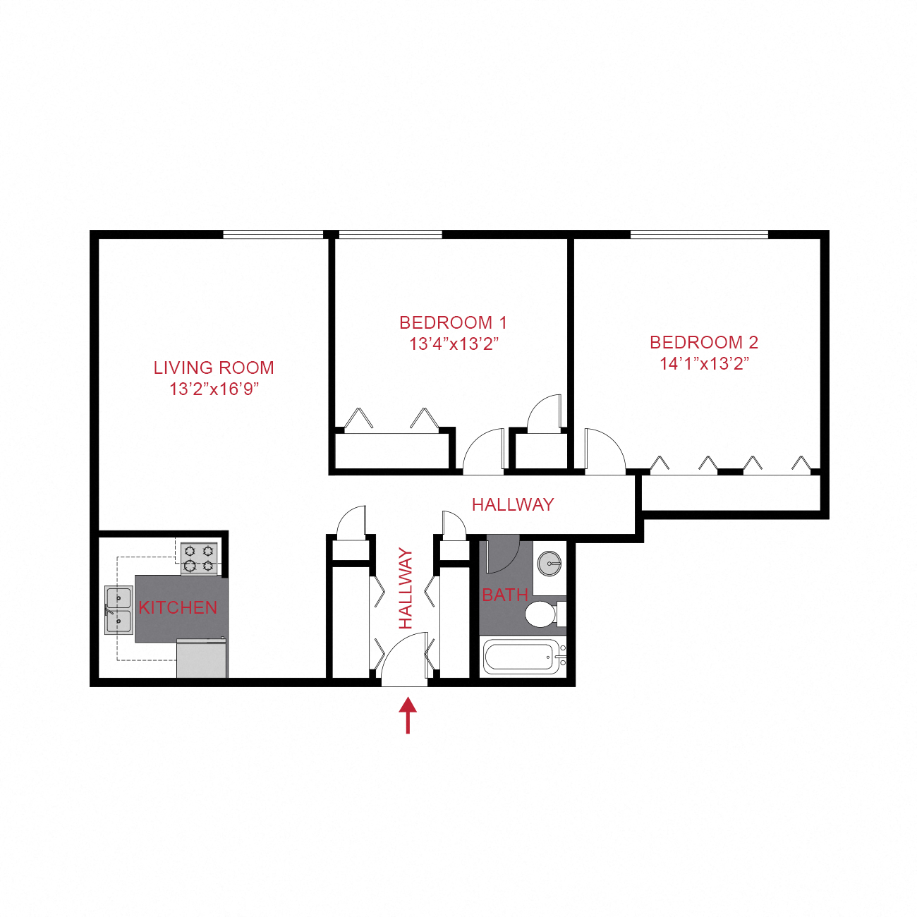 Floor plan for 2 beds, 1 bath, 900 sqft