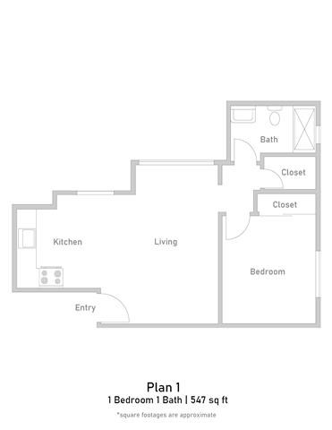 Floor plan for 1 bed, 1 bath, 434 sqft