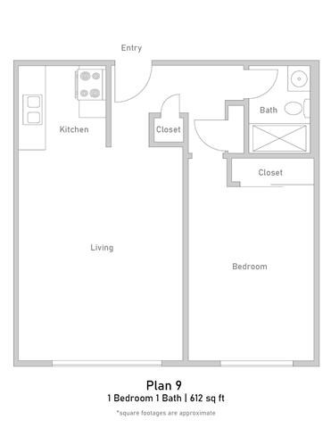Floor plan for 1 bed, 1 bath, 612 sqft