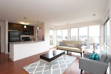 Washington apartment for rent - A living room with a black coffee table and a grey couch.