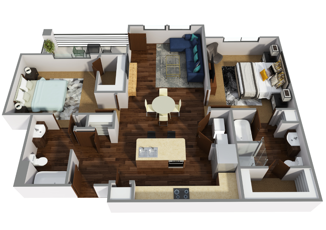 Floor plan for 2 beds, 2 baths, 1080 sqft
