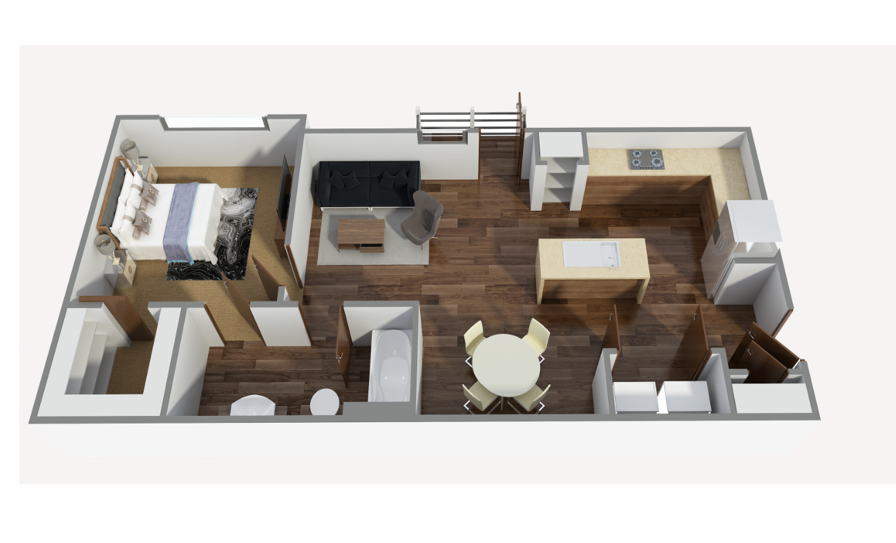Floor plan for 1 bed, 1 bath, 668 sqft