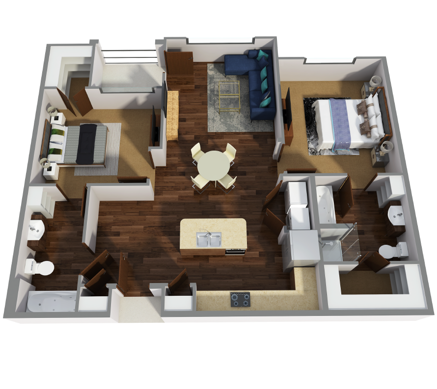 Floor plan for 2 beds, 2 baths, 1069 sqft