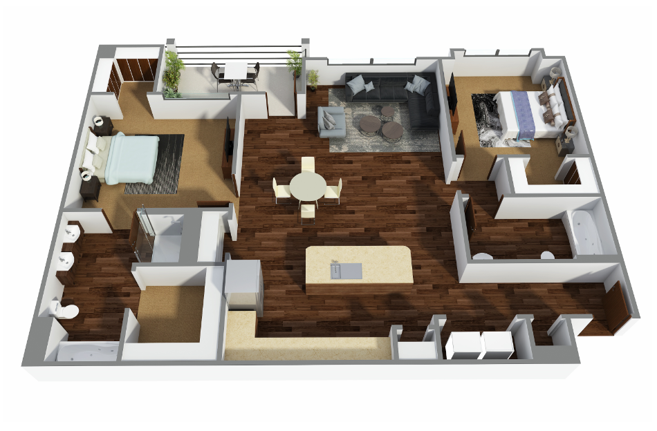 Floor plan for 2 beds, 2 baths, 1185 sqft
