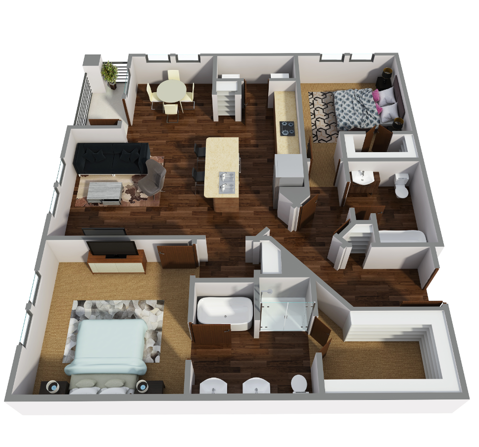 Floor plan for 2 beds, 2 baths, 1227 sqft