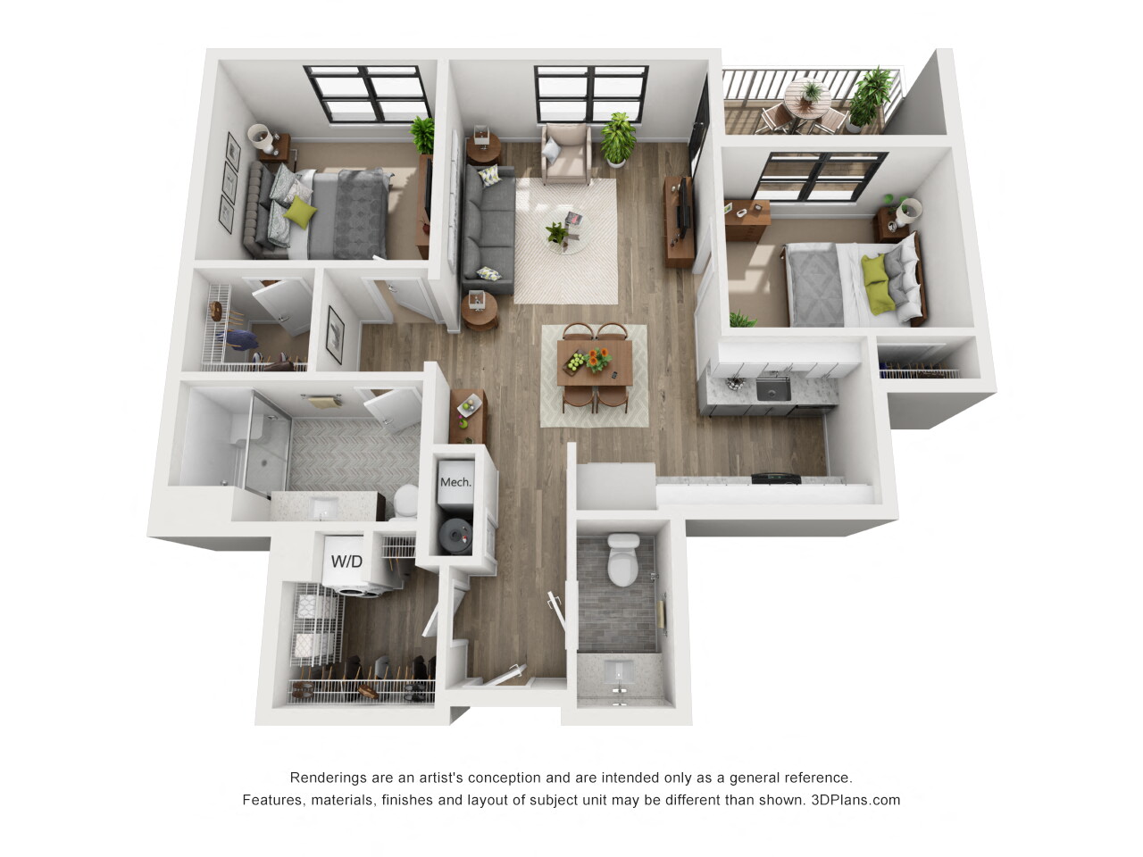 Floor plan for 2 beds, 1.5 baths, 975 sqft