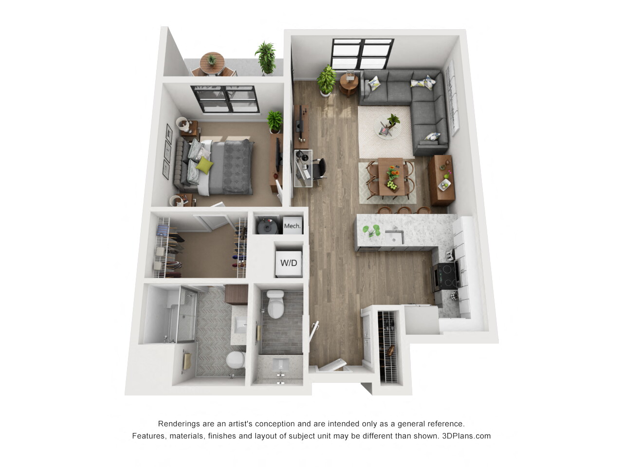 Floor plan for 1 bed, 1.5 baths, 849 sqft