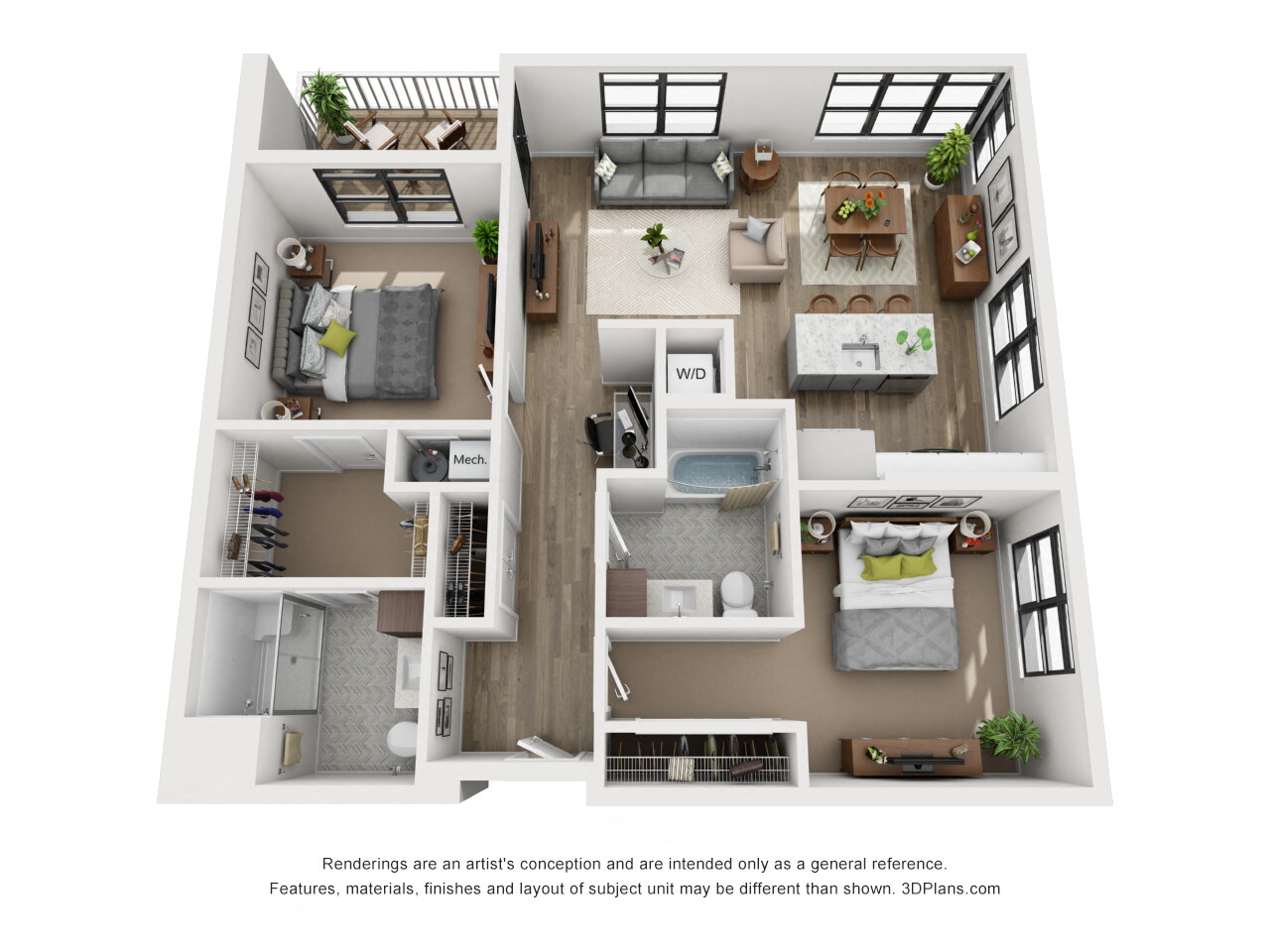 Floor plan for 2 beds, 2 baths, 1096 sqft