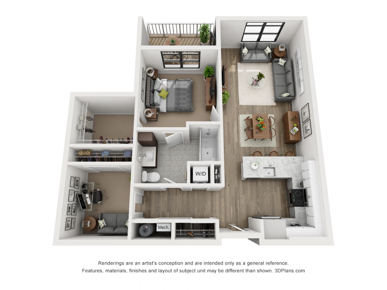 Floor plan for 1 bed, 1 bath, 939 sqft