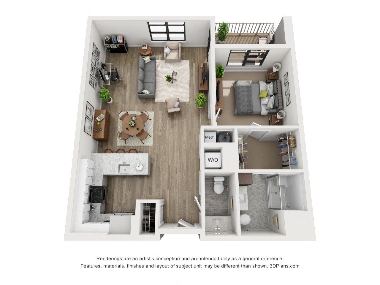 Floor plan for 1 bed, 1.5 baths, 946 sqft