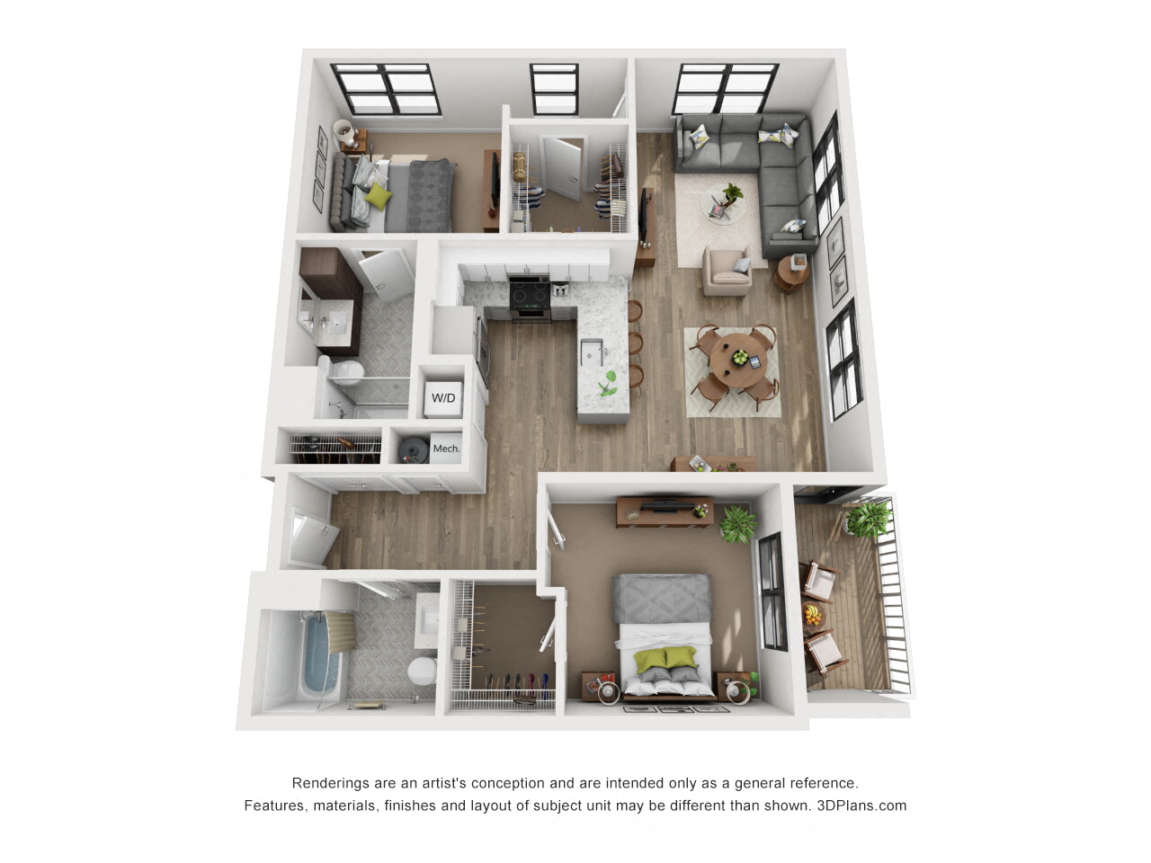 Floor plan for 2 beds, 2 baths, 1169 sqft