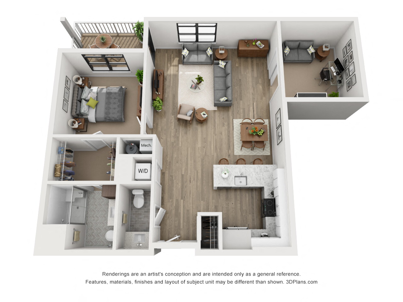 Floor plan for 1 bed, 1.5 baths, 1081 sqft