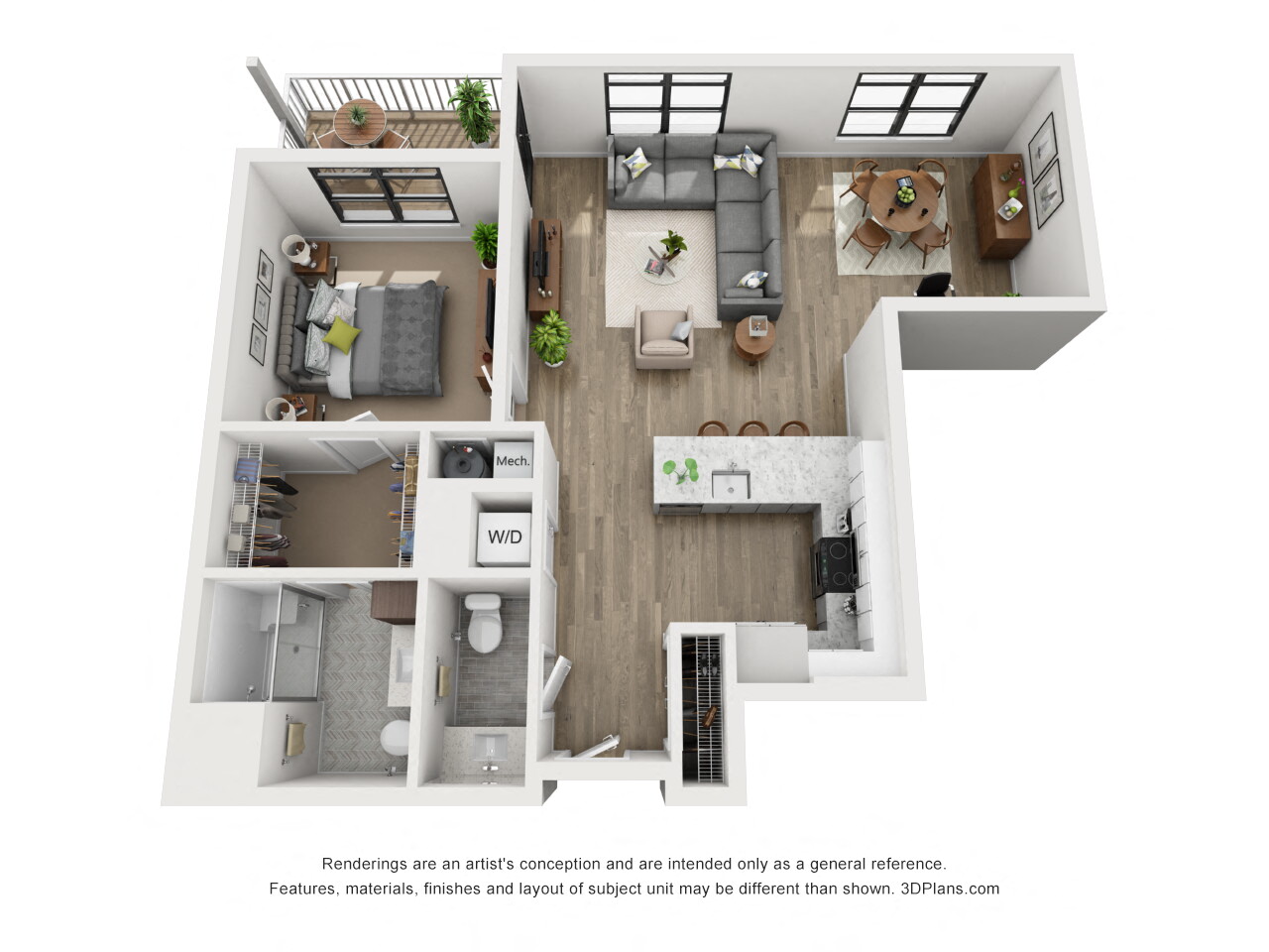 Floor plan for 1 bed, 1.5 baths, 969 sqft