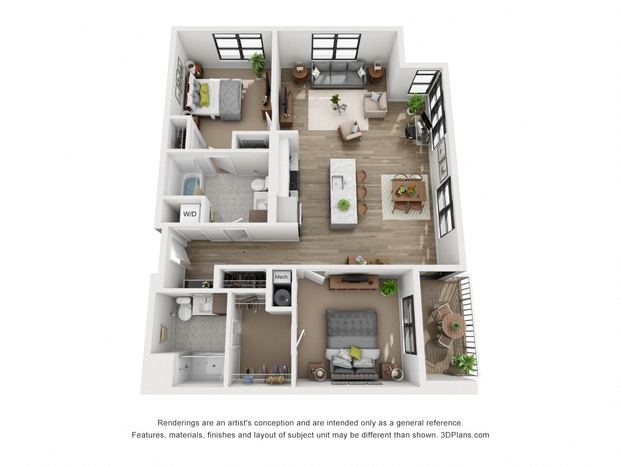 Floor plan for 2 beds, 2 baths, 1244 sqft