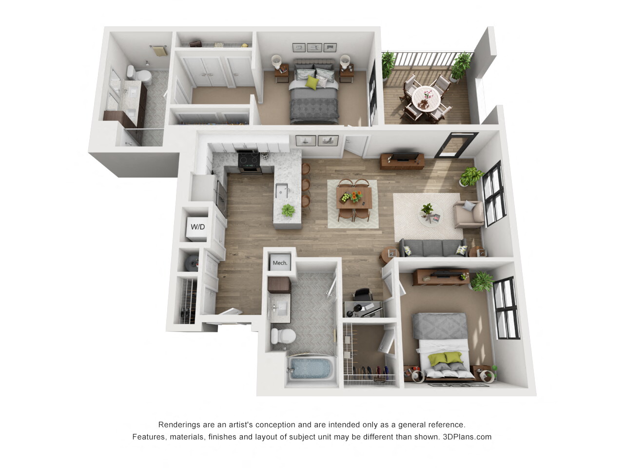 Floor plan for 2 beds, 2 baths, 1181 sqft