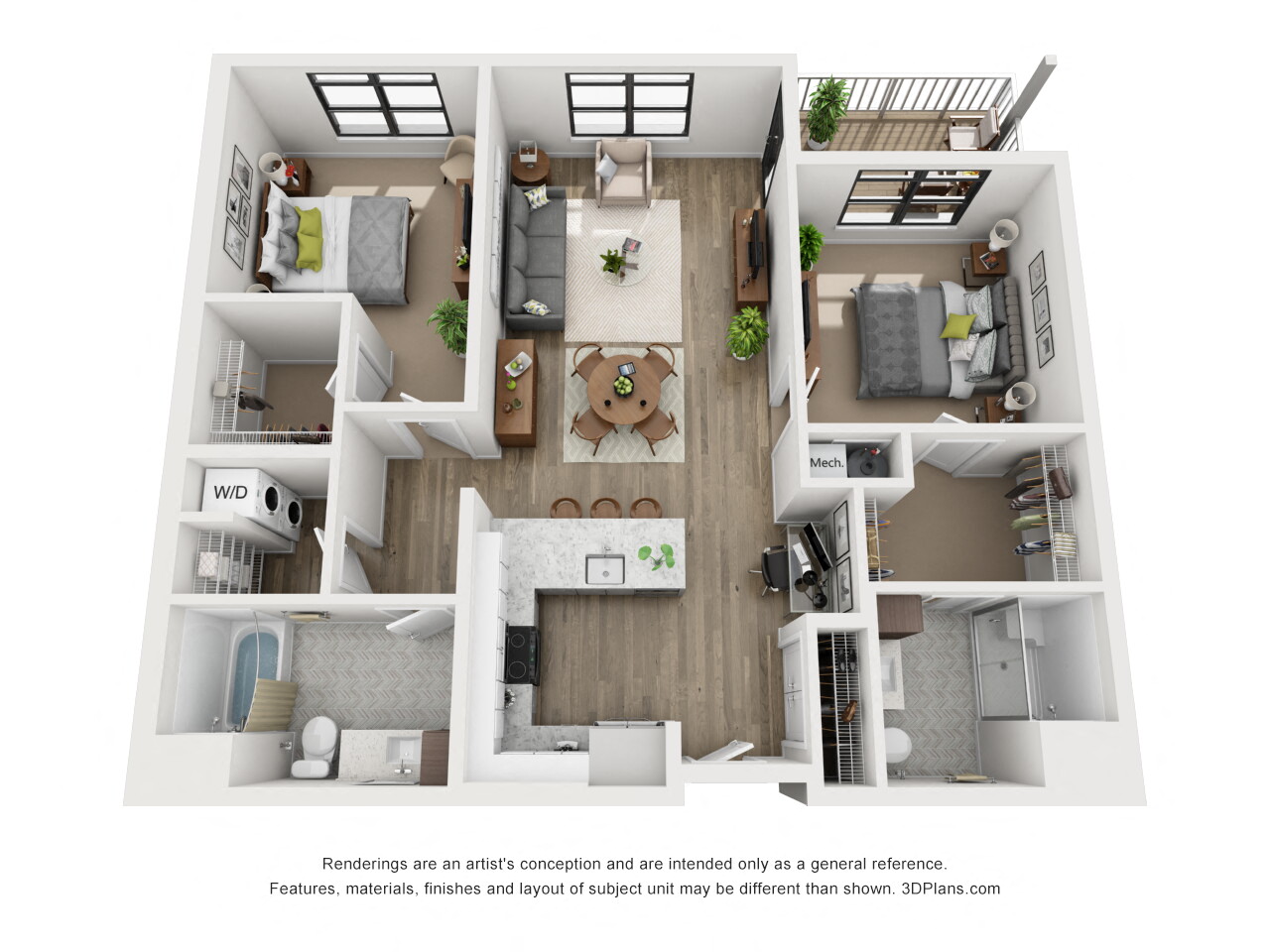 Floor plan for 2 beds, 2 baths, 1171 sqft