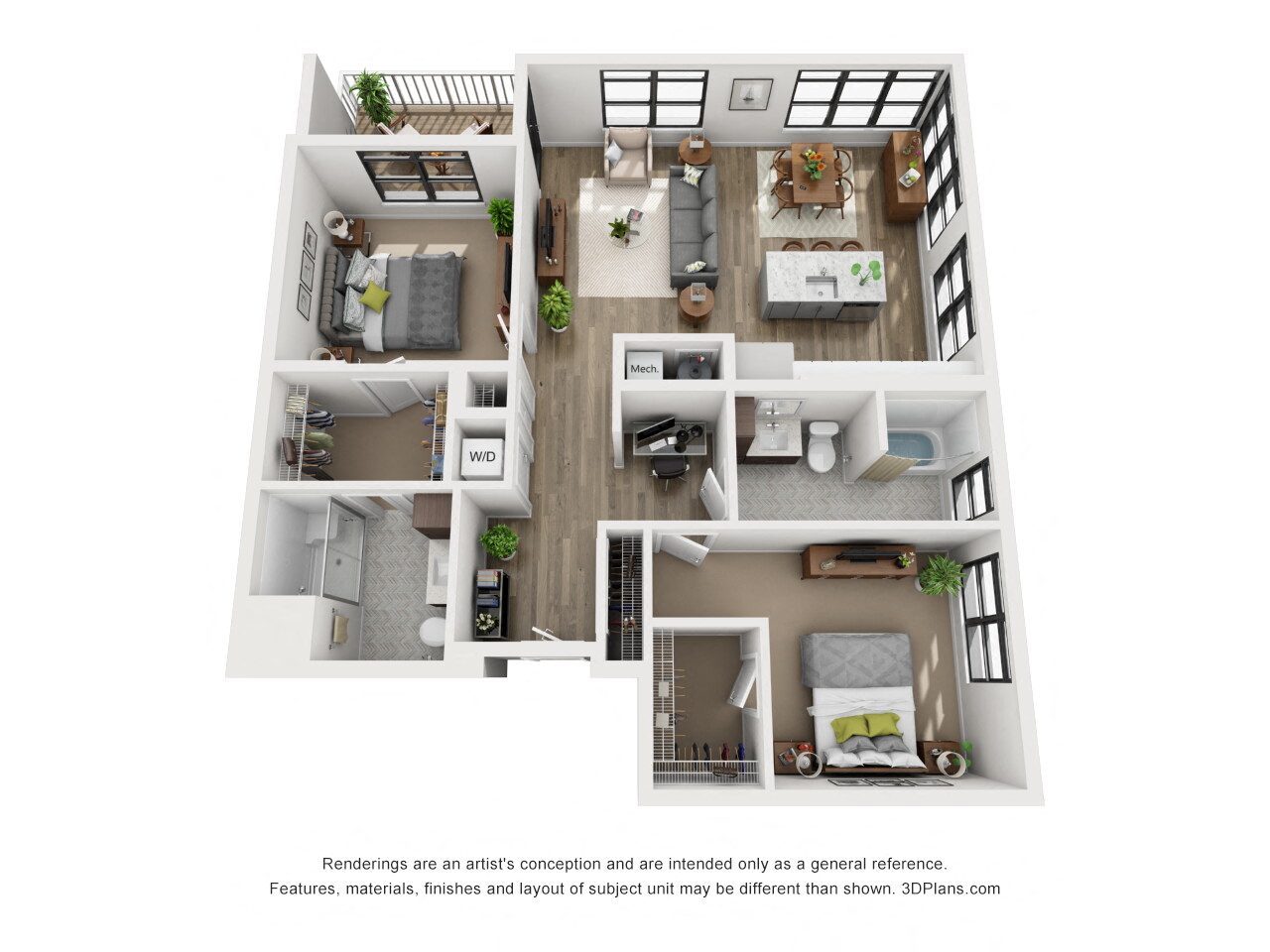 Floor plan for 2 beds, 2 baths, 1198 sqft