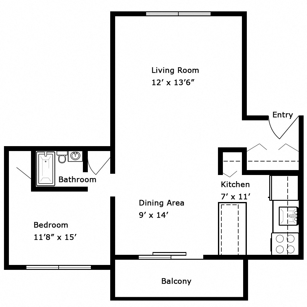 Floor plan for 1 bed, 1 bath, 655 sqft