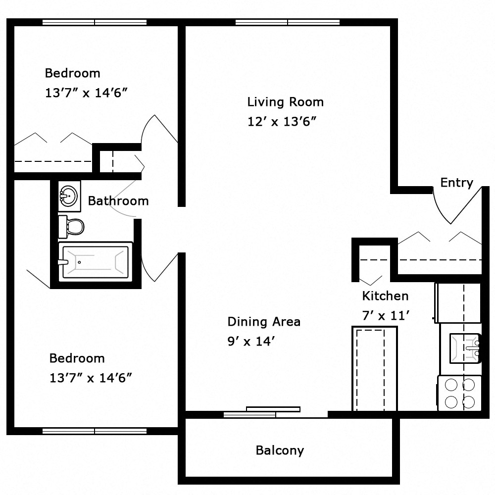 Floor plan for 2 beds, 1 bath, 815 sqft