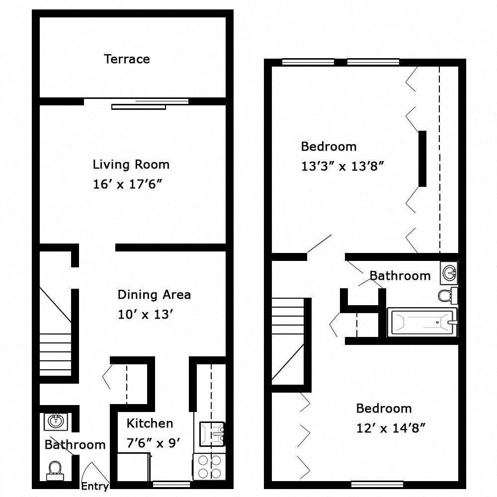 Floor plan for 2 beds, 1.5 baths, 1015 sqft