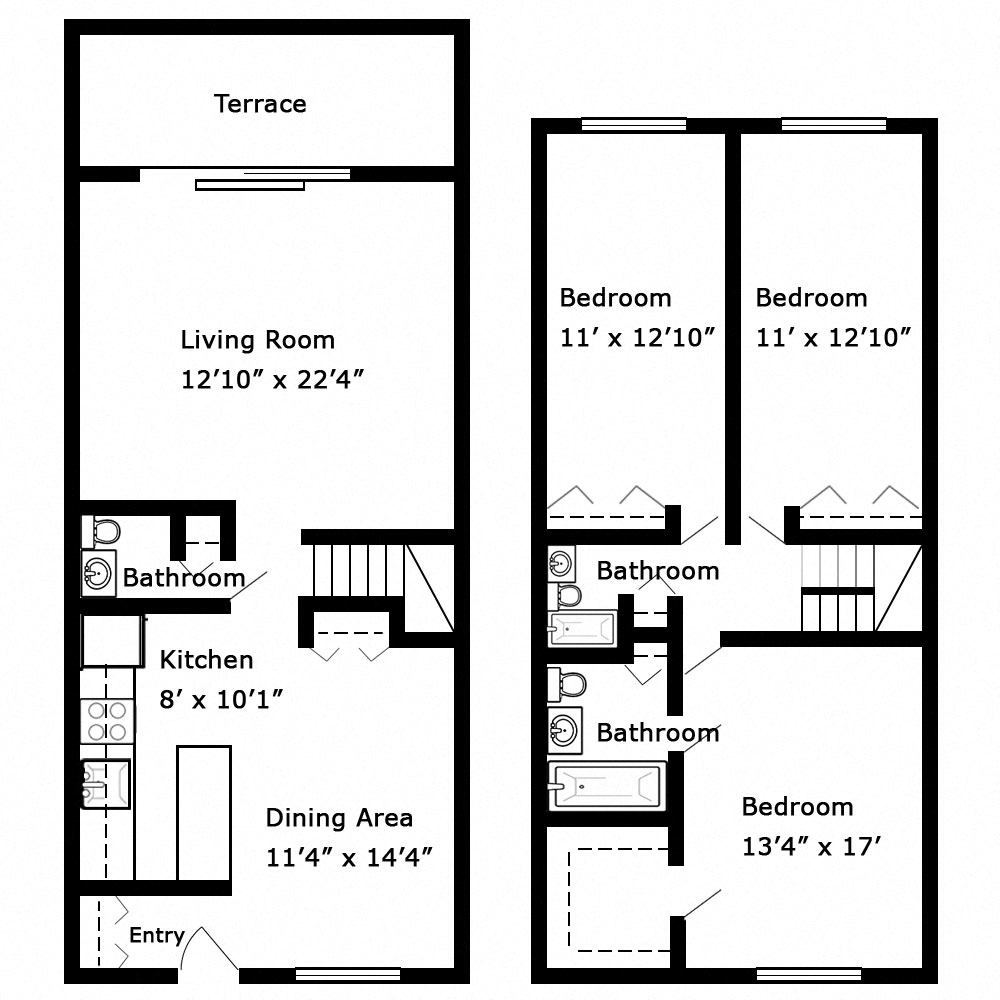 Floor plan for 3 beds, 2.5 baths, 1377 sqft