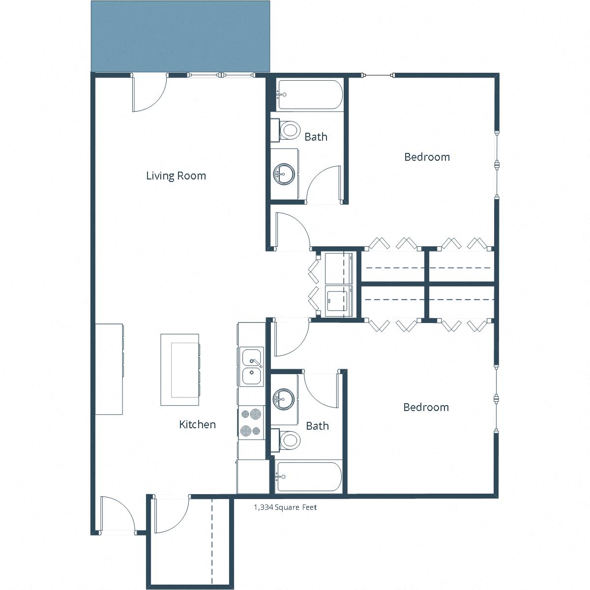 Floor plan for 2 beds, 2 baths, 1235 sqft