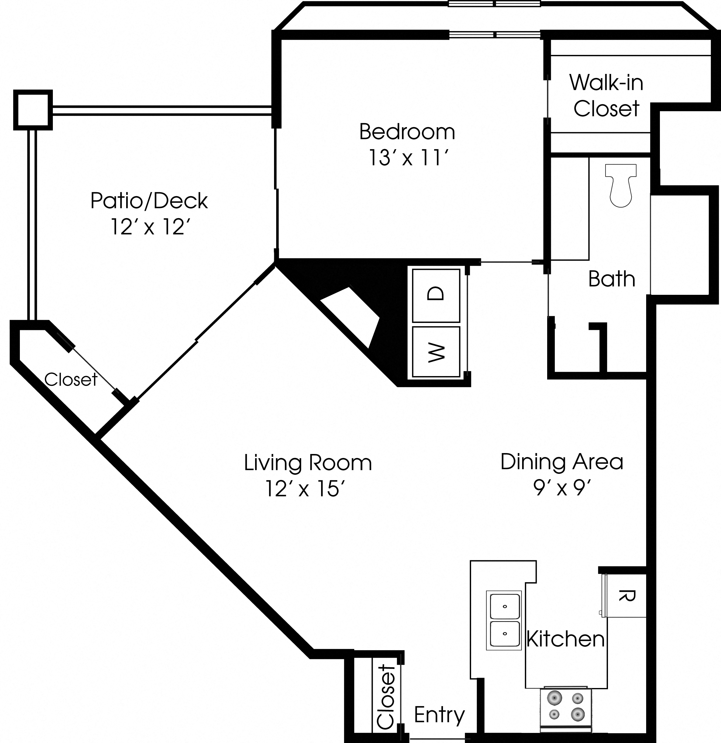 Floor plan for 1 bed, 1 bath, 931 sqft