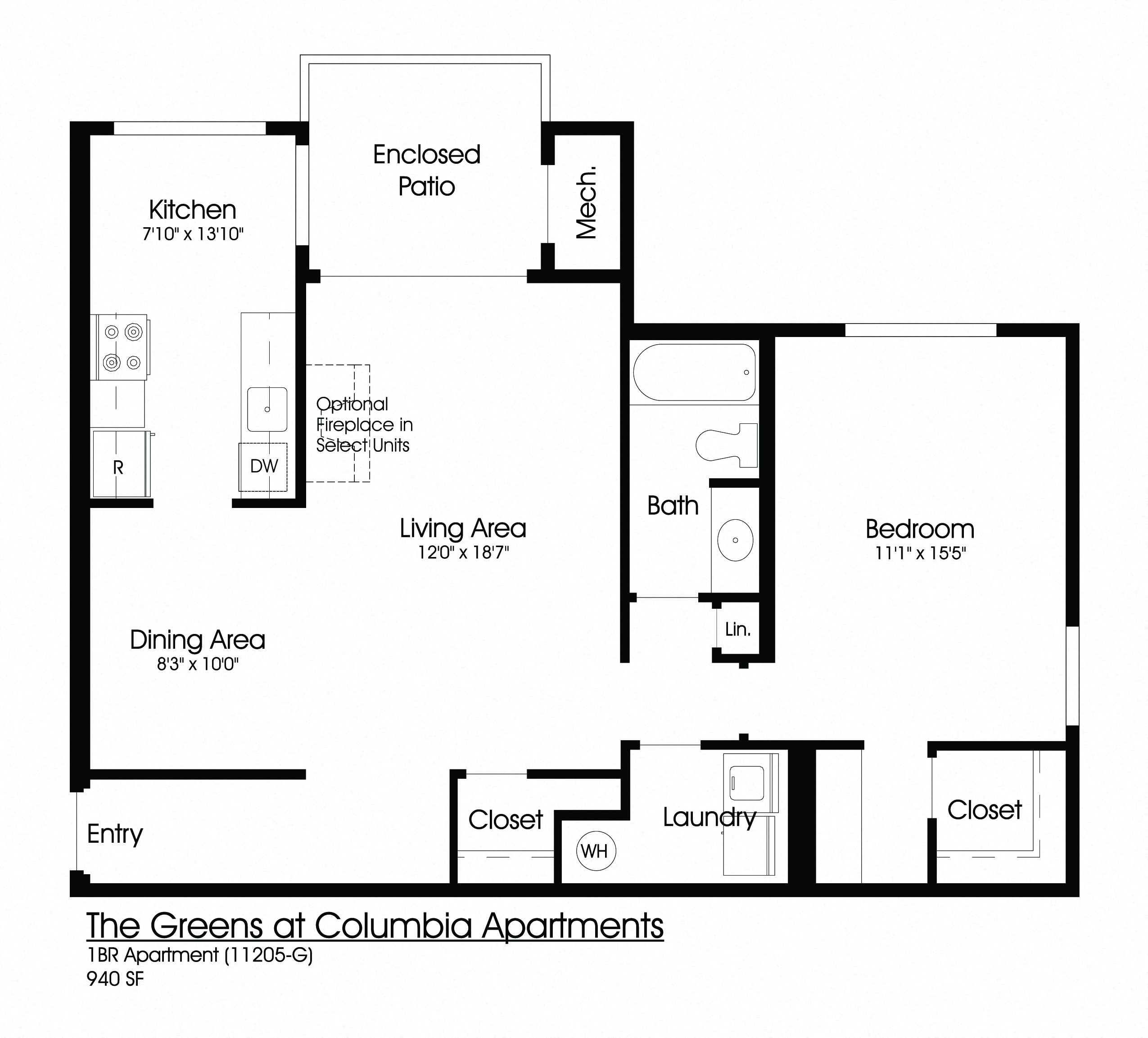 Floor plan for 1 bed, 1 bath, 940 sqft