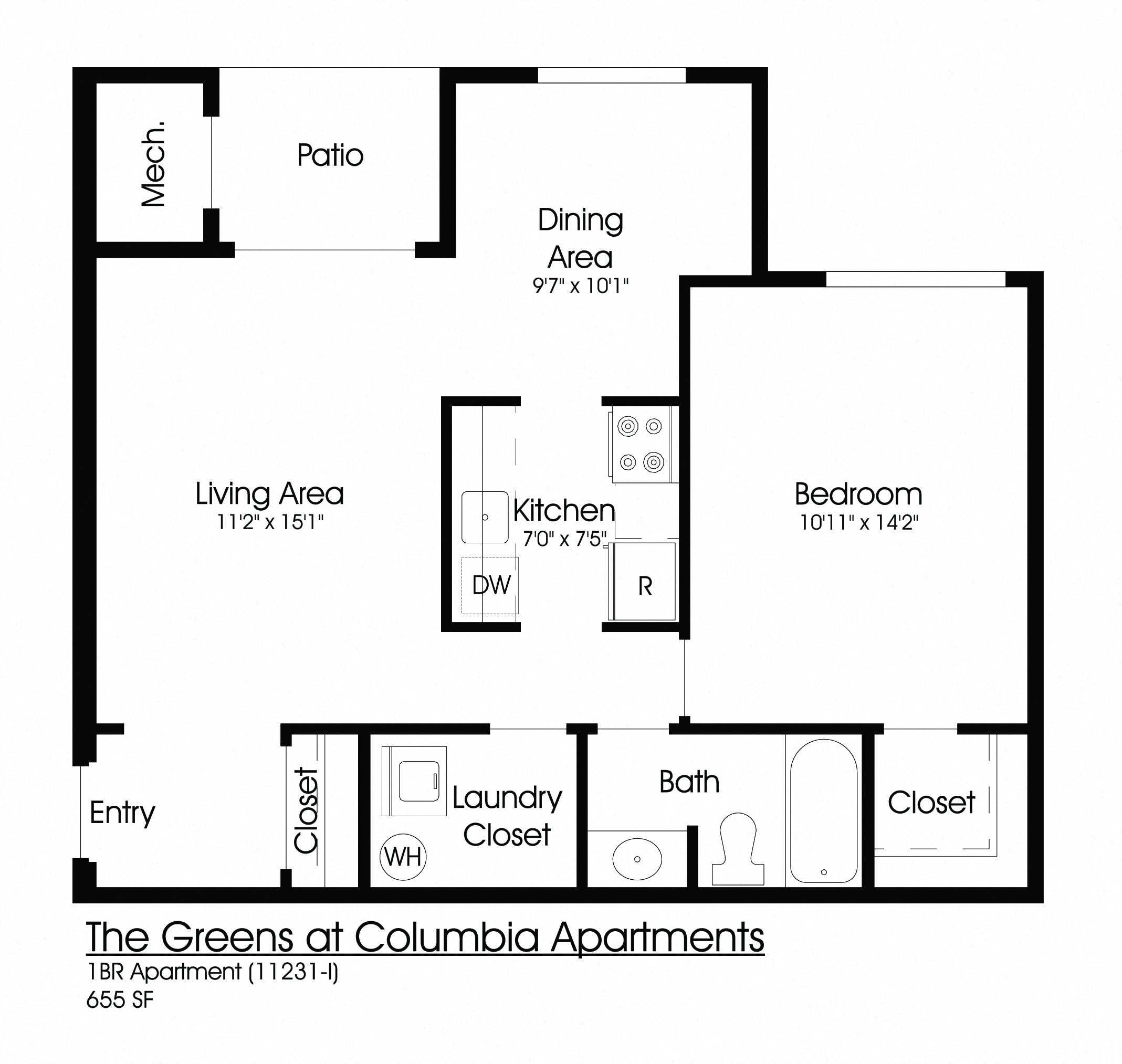 Floor plan for 1 bed, 1 bath, 655 sqft