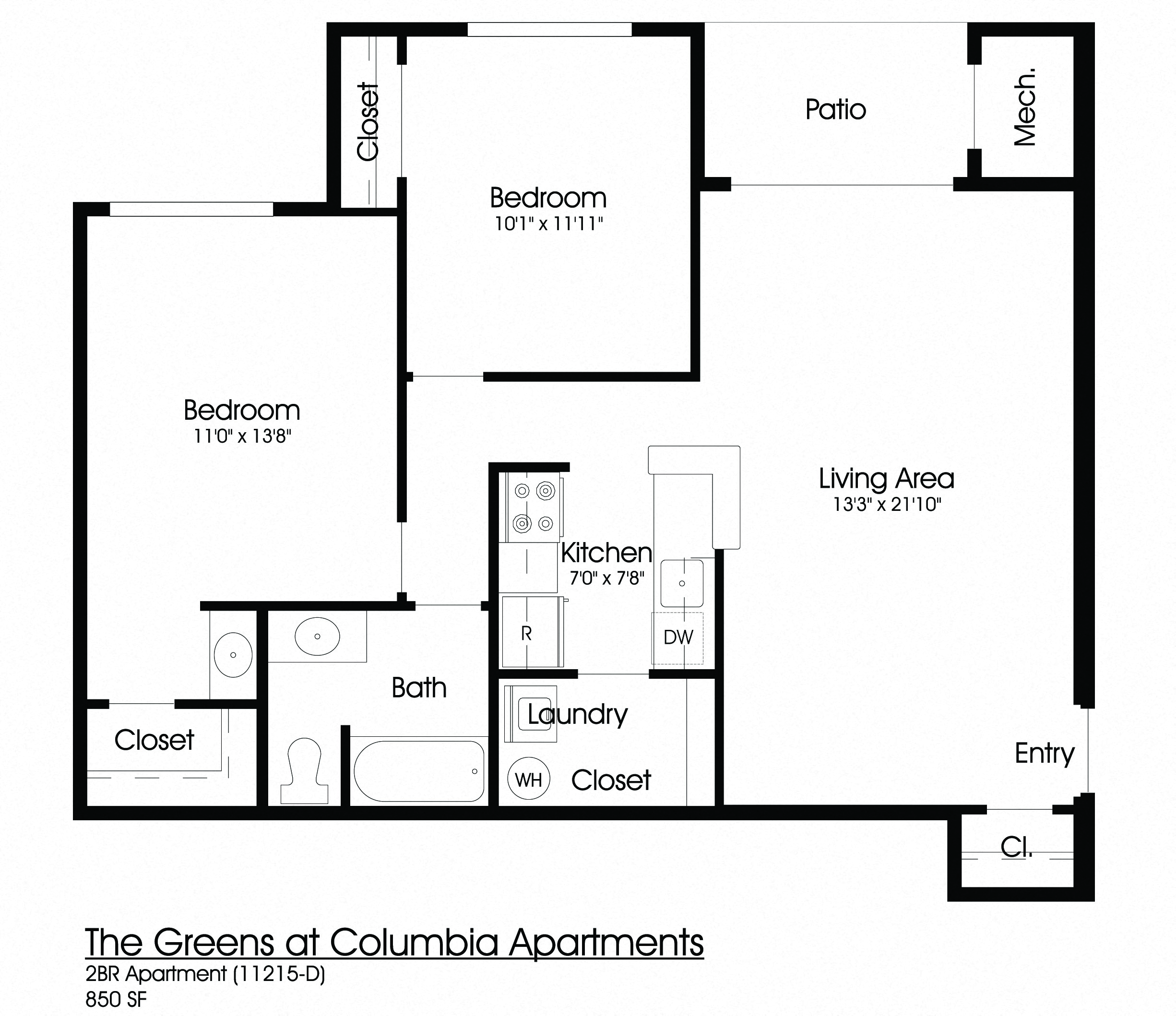 Floor plan for 2 beds, 1 bath, 850 sqft