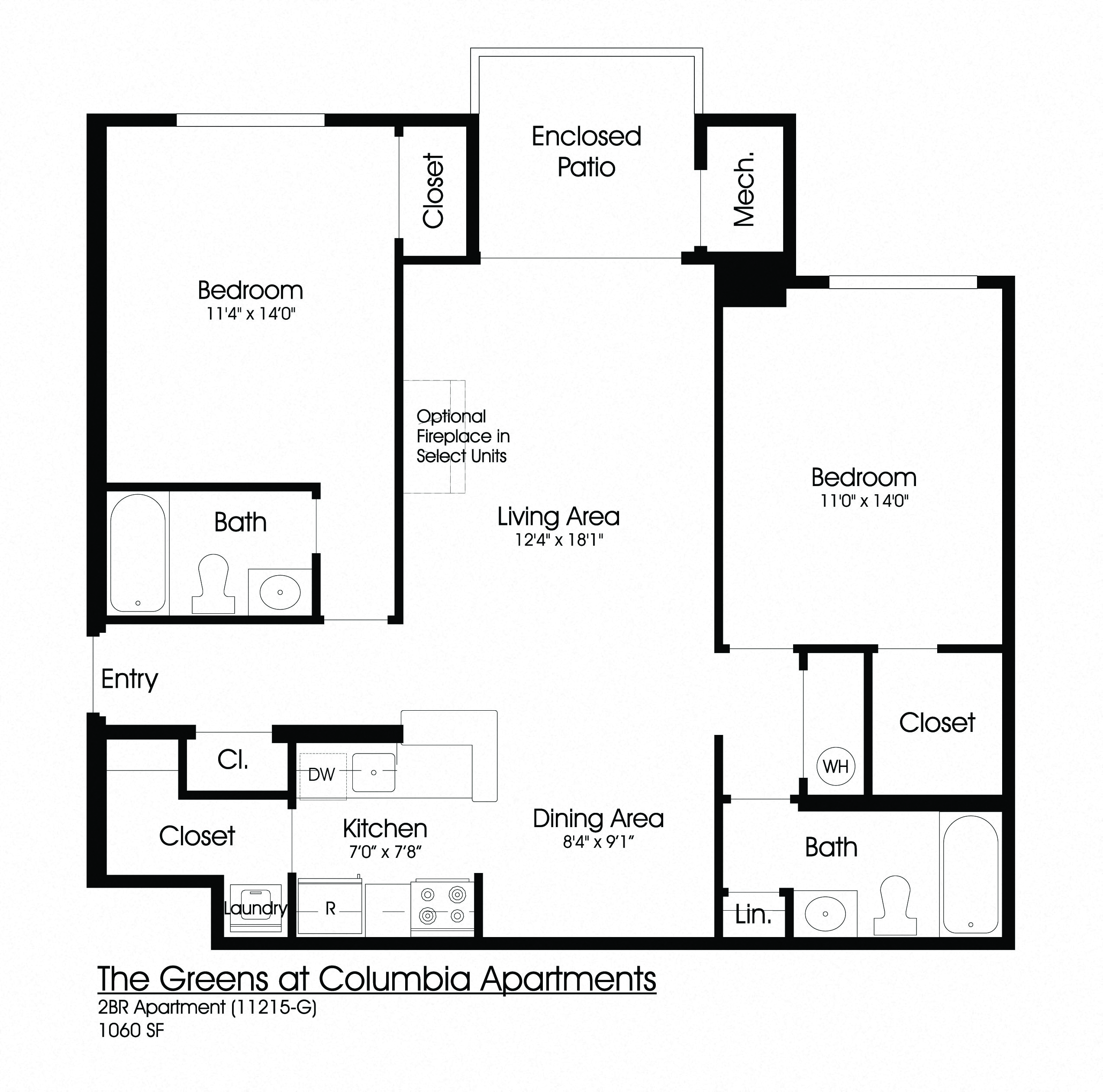 Floor plan for 2 beds, 2 baths, 1060 sqft
