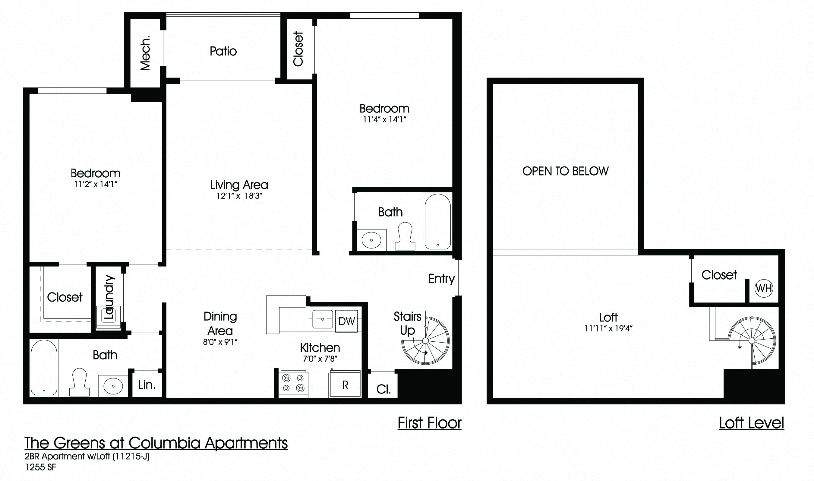 Floor plan for 2 beds, 2 baths, 1255 sqft