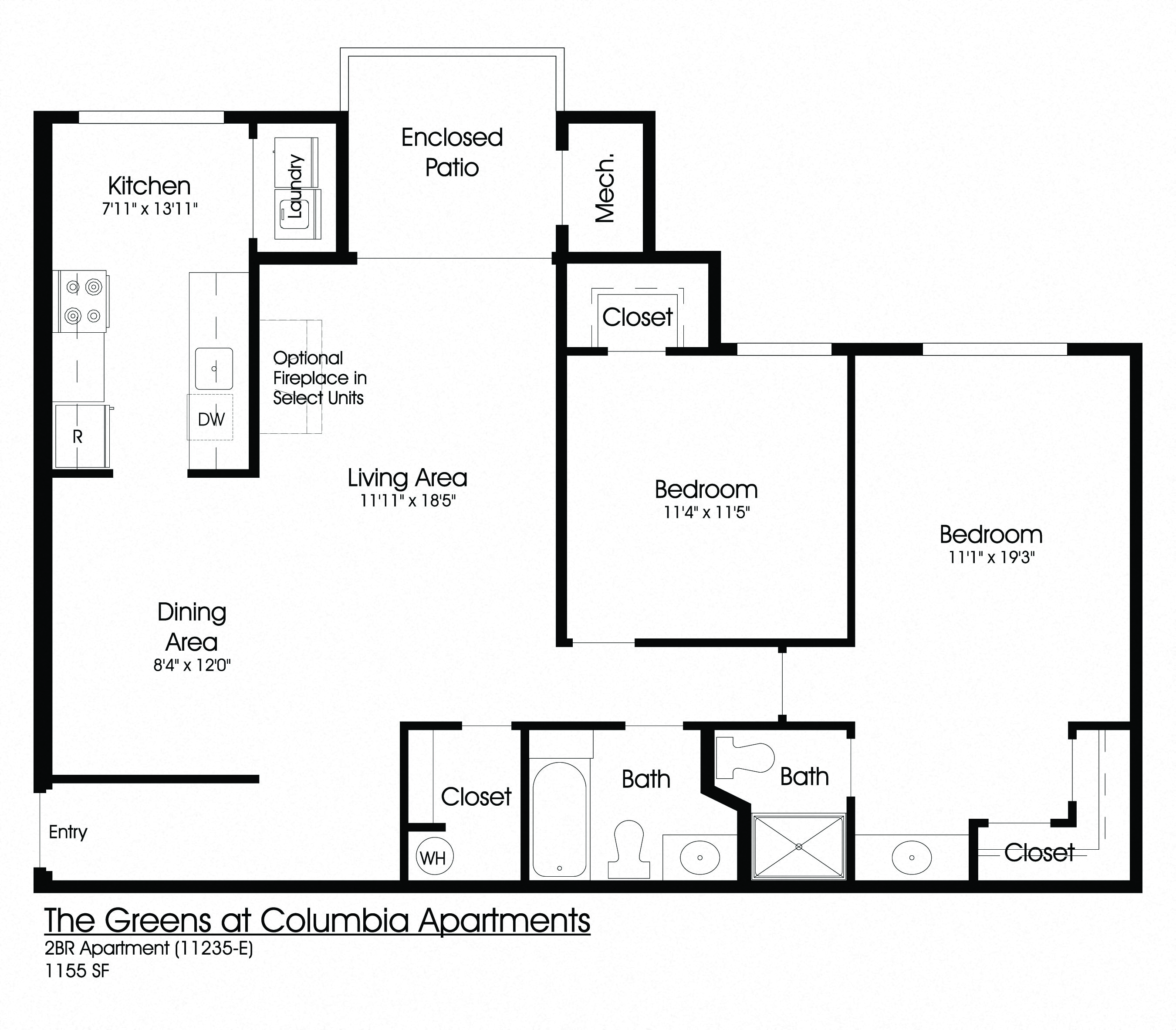 Floor plan for 2 beds, 2 baths, 1155 sqft