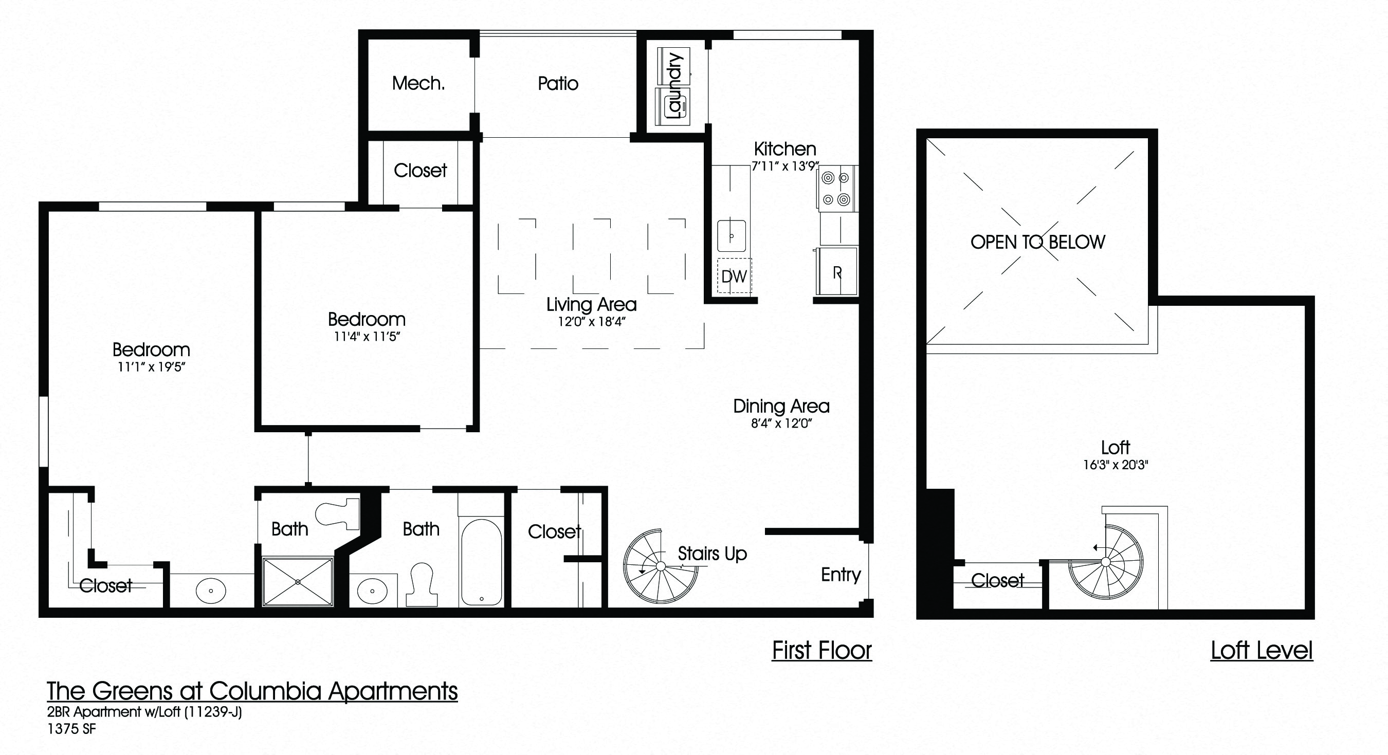 Floor plan for 2 beds, 2 baths, 1375 sqft