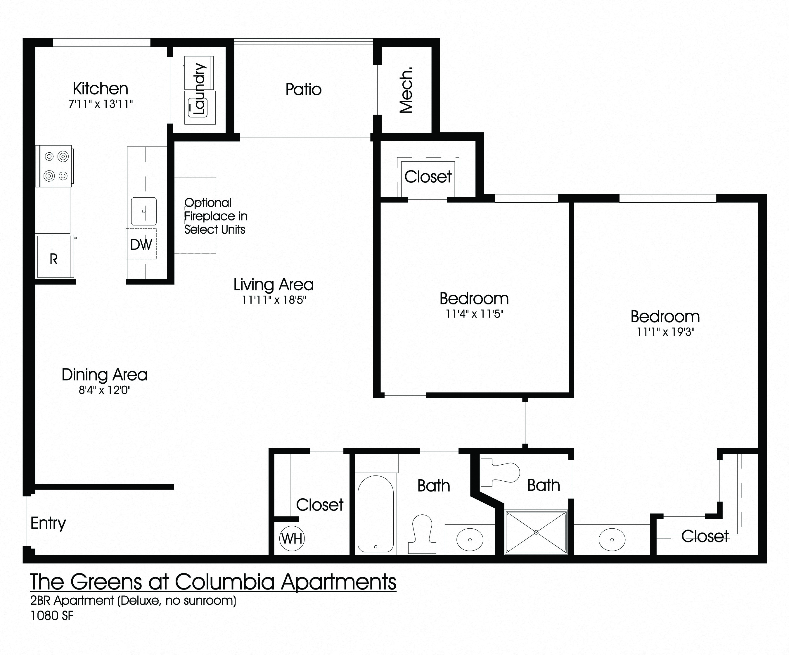 Floor plan for 2 beds, 2 baths, 1080 sqft