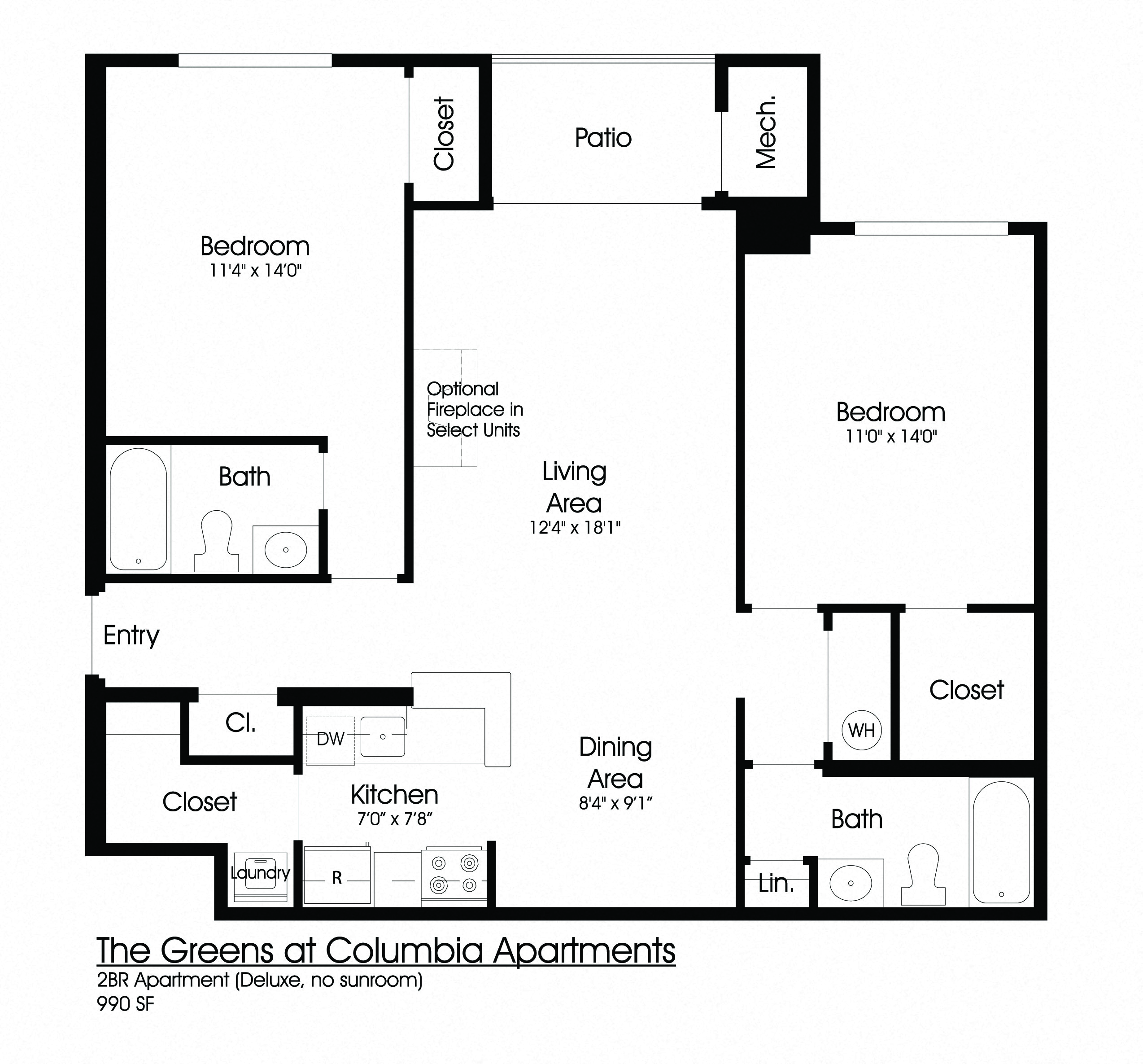 Floor plan for 2 beds, 2 baths, 990 sqft