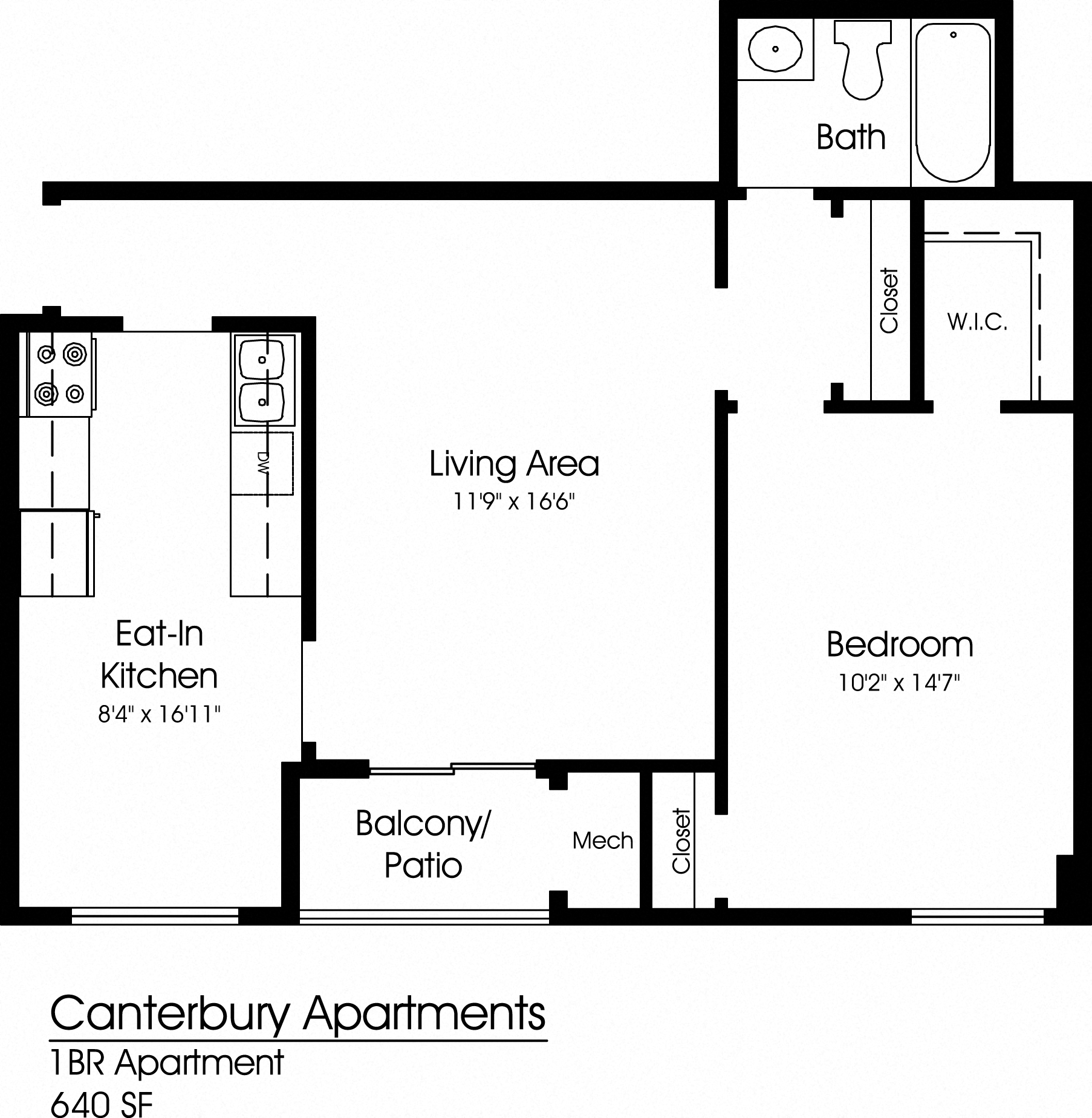 Floor plan for 1 bed, 1 bath, 640 sqft