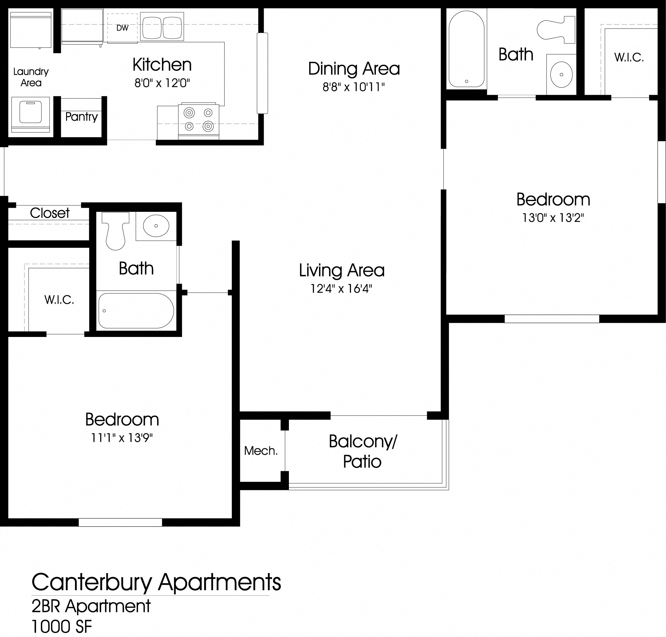 Floor plan for 2 beds, 2 baths, 1000 sqft