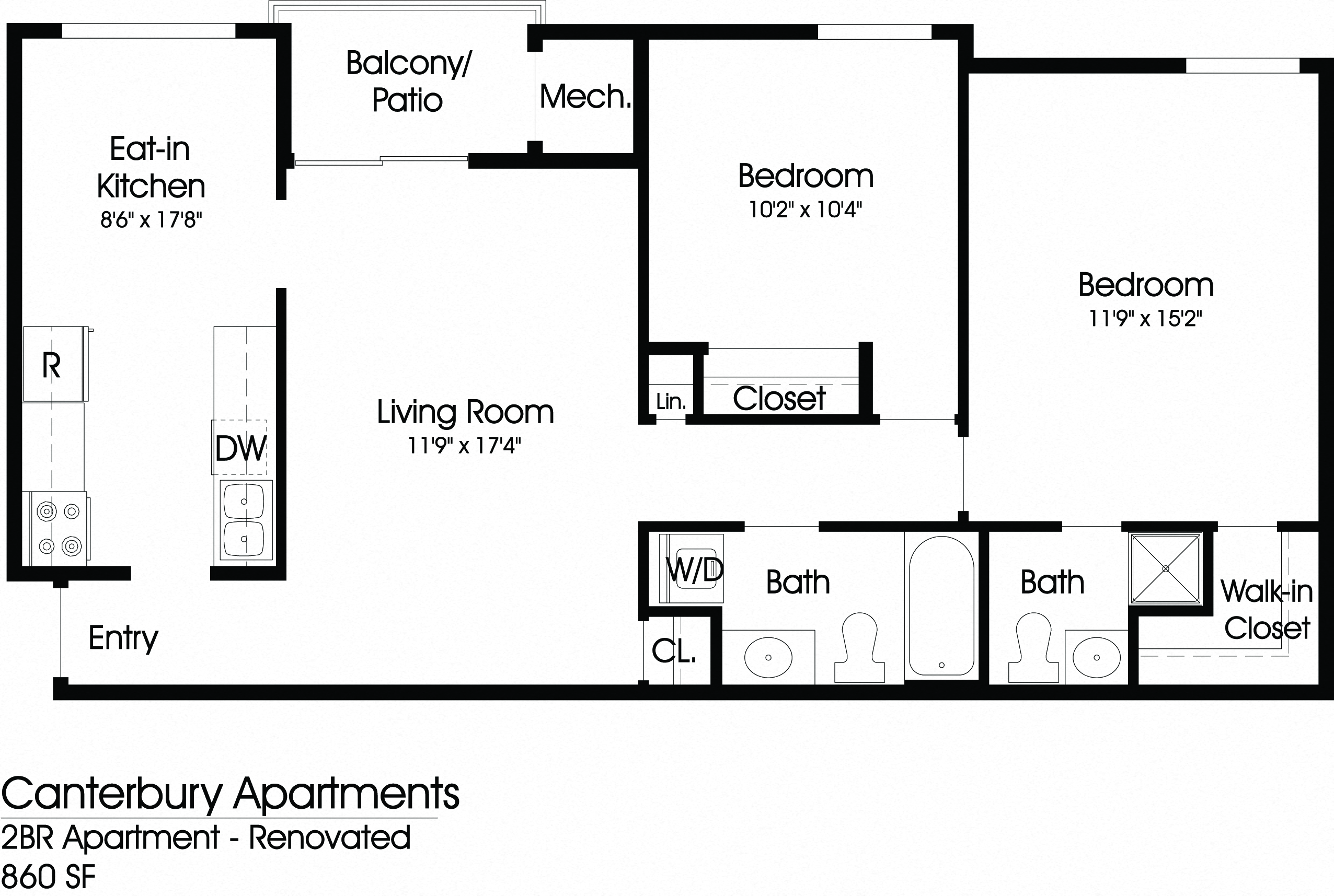 Floor plan for 2 beds, 2 baths, 860 sqft