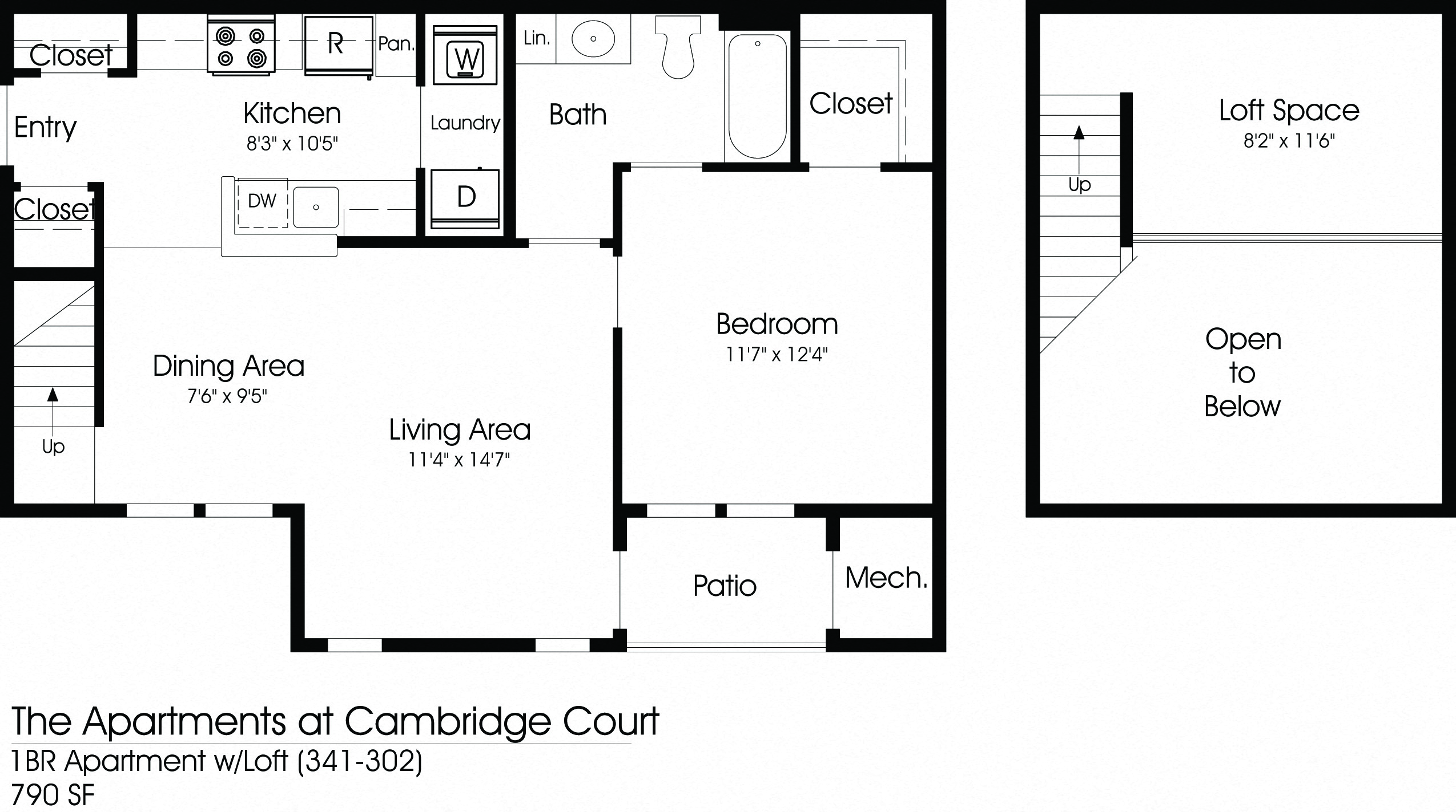 Floor plan for 1 bed, 1 bath, 790 sqft